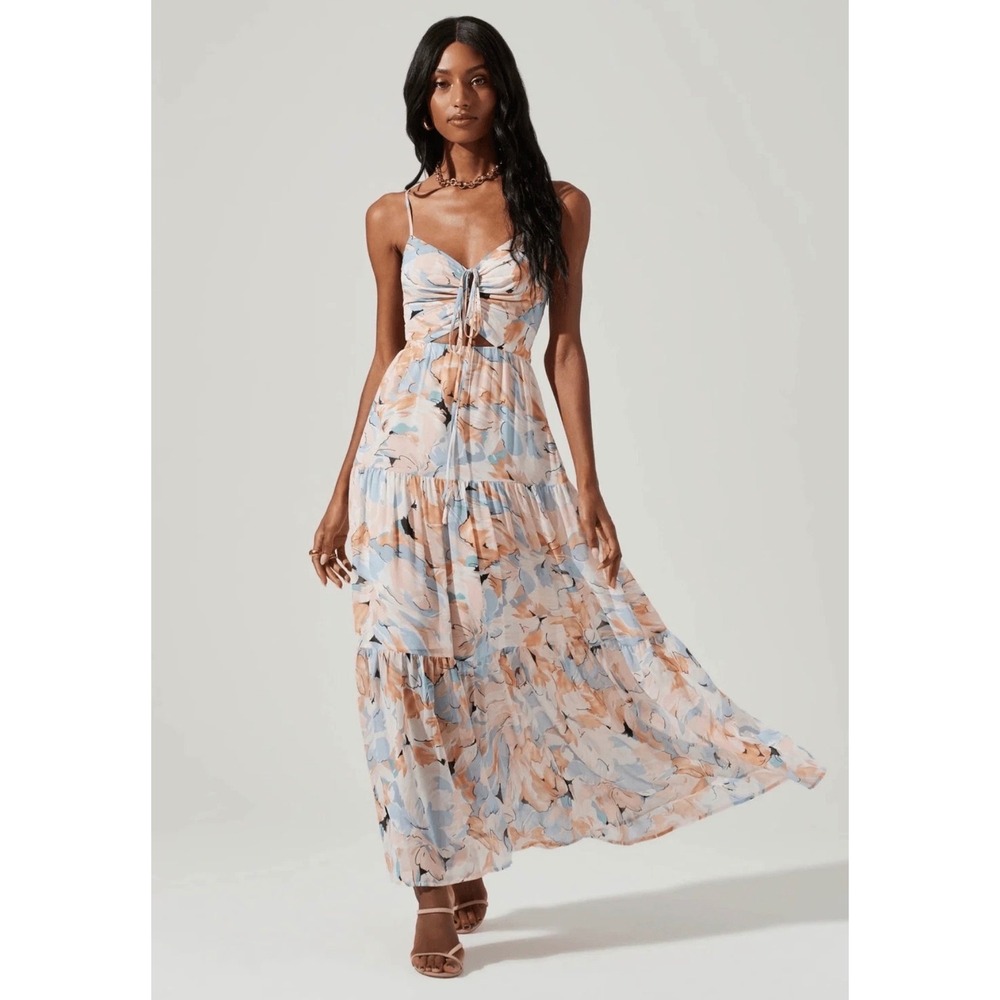 ASTR The Label Brandy Floral Cutout Maxi Dress Blue Peach Multi M